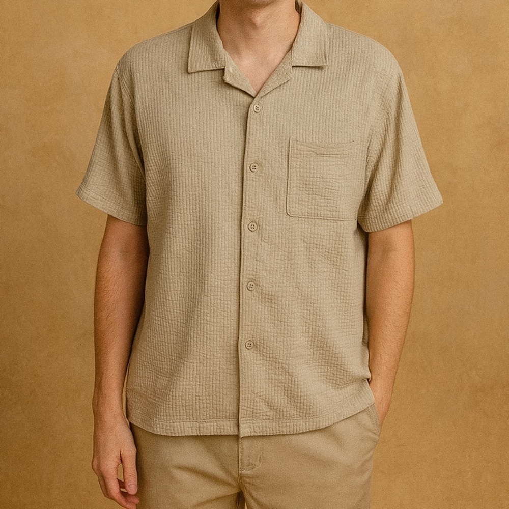 Rustic Souls Textured Short Sleeve Cool Dad Mens Sz M Button Up Camp Shirt Tan